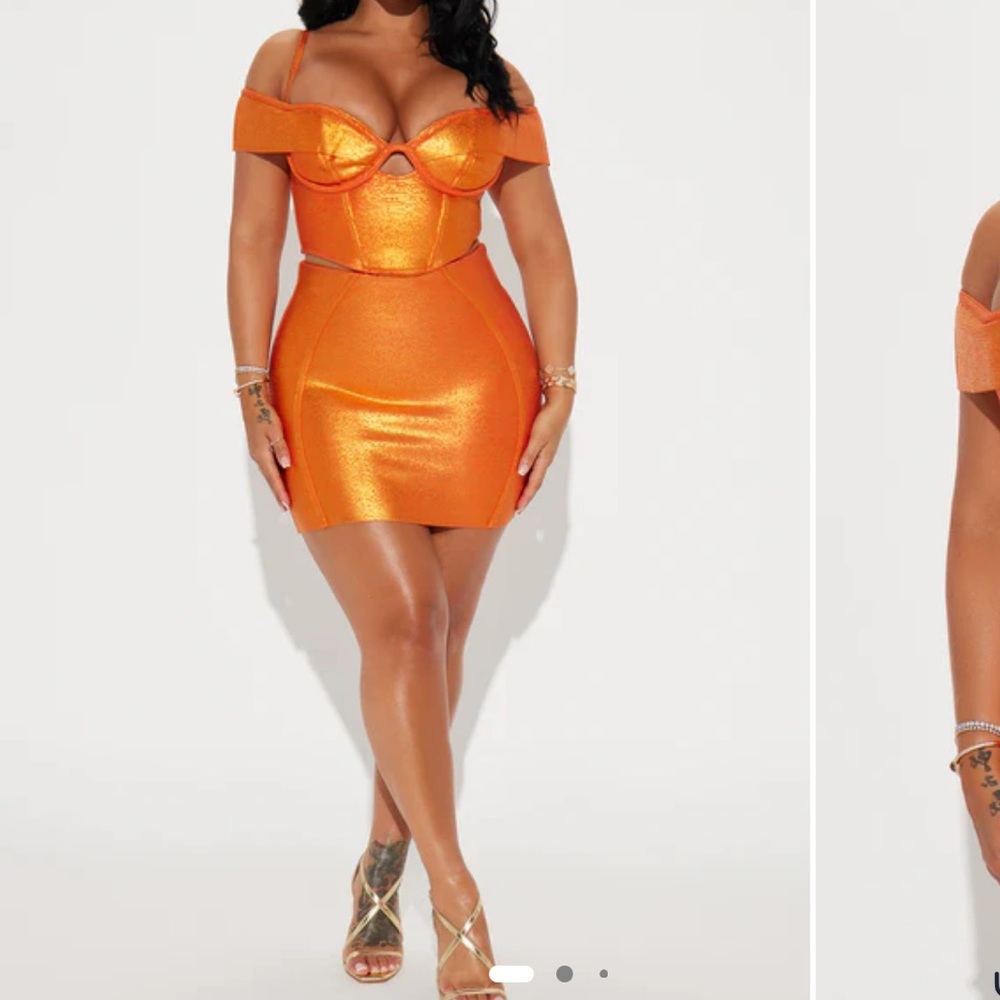 Metallic Bandage Orange Skirt Set